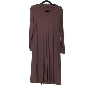 Eileen Fisher Women's Size XXS Brown Midi Jersey Dress V-Neck Long Sleeve Casual